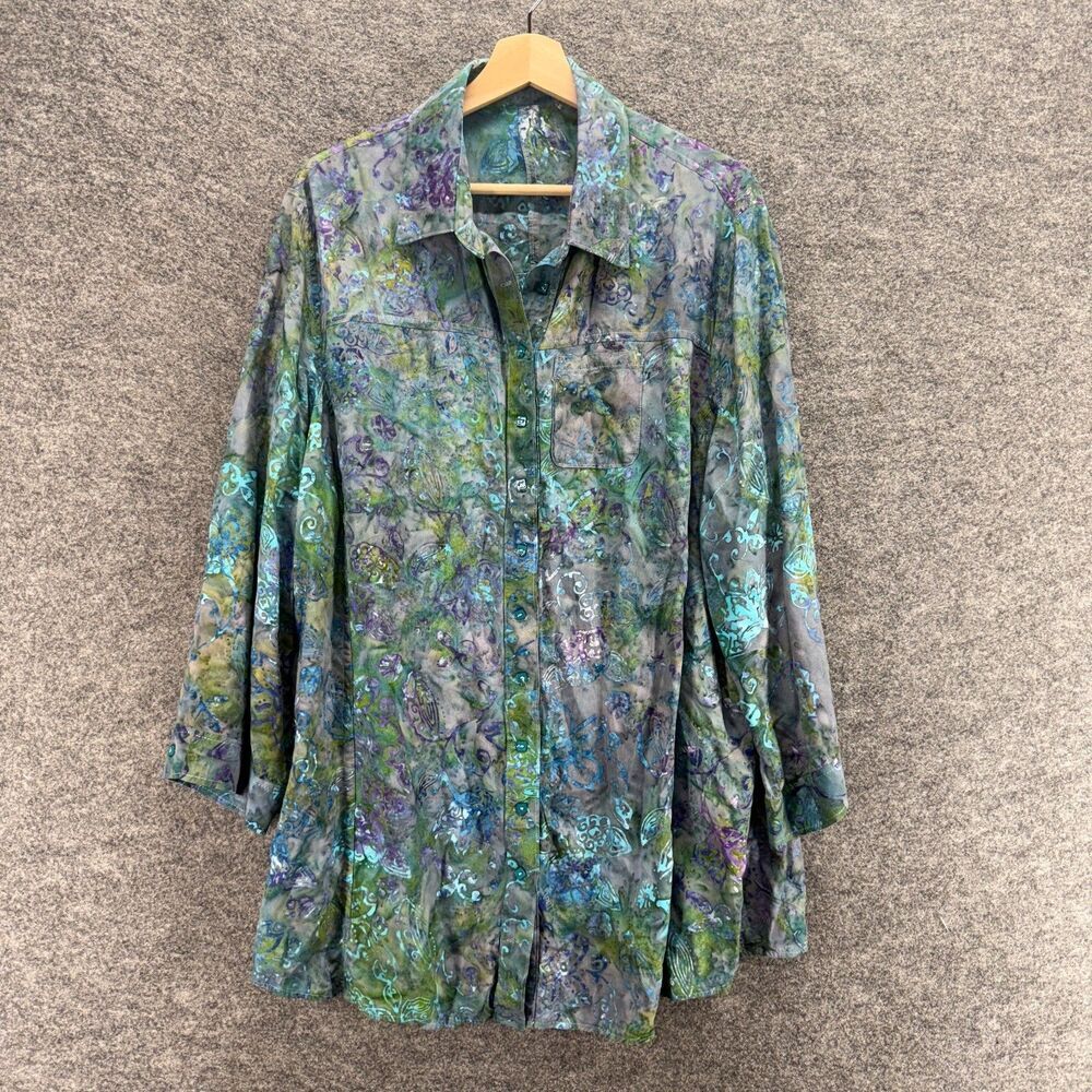 Unbranded Shirt Women M Medium Gray Geometric Button Up Collared Long Sleeve